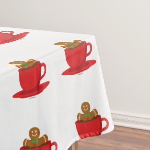 Gingerbread Man Relaxing In Hot Chocolate Red Cup Tablecloth
