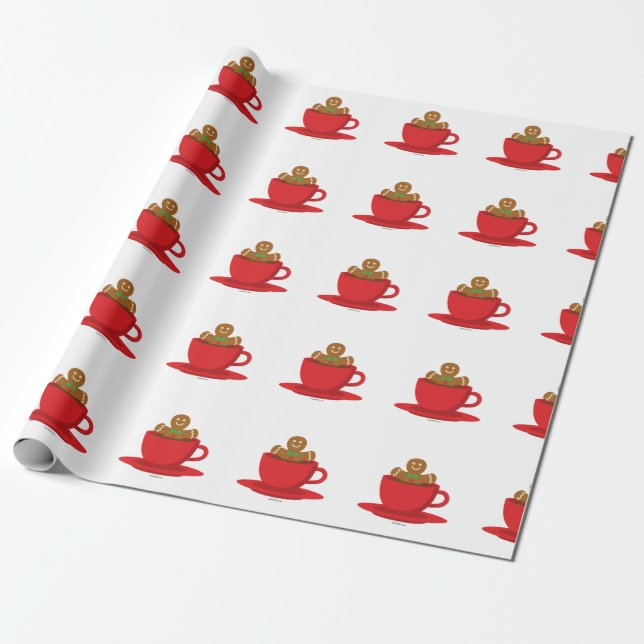 Gingerbread Man Relaxing In Hot Chocolate Red Cup Wrapping Paper (Unrolled)