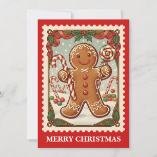 Gingerbread Man Retro Postage Stamp Christmas Holiday Card