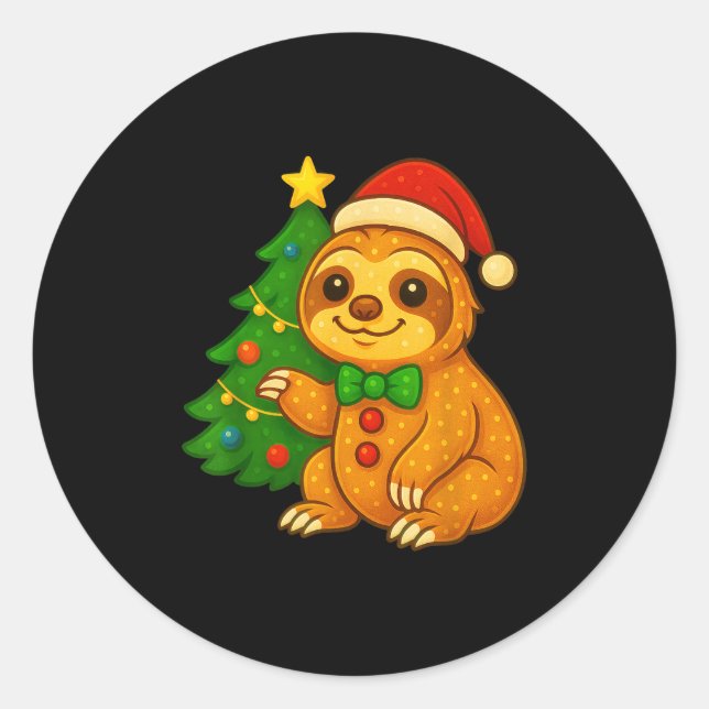 Gingerbread Man Sloth Santa Hat Christmas Tree  Classic Round Sticker (Front)