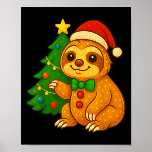Gingerbread Man Sloth Santa Hat Christmas Tree  Poster