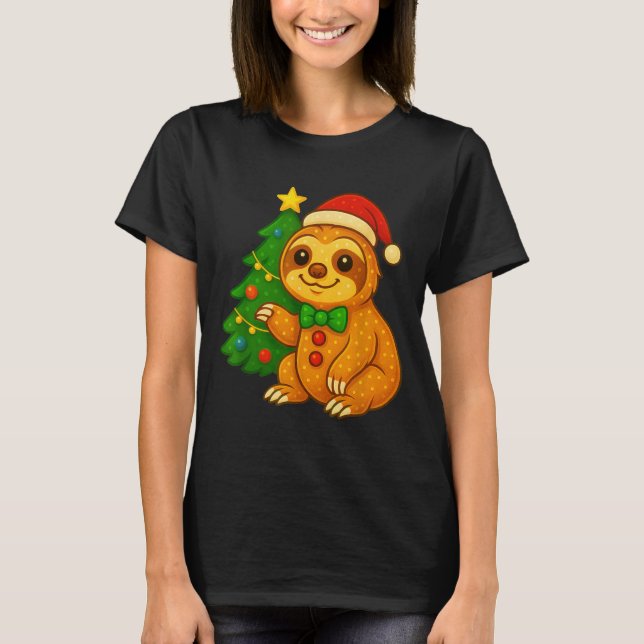 Gingerbread Man Sloth Santa Hat Christmas Tree  T-Shirt (Front)