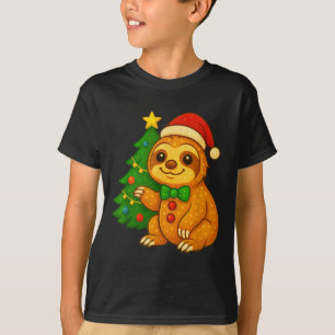 Gingerbread Man Sloth Santa Hat Christmas Tree T-Shirt