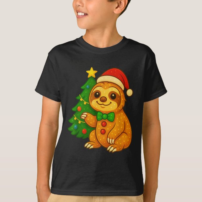 Gingerbread Man Sloth Santa Hat Christmas Tree  T-Shirt (Front)
