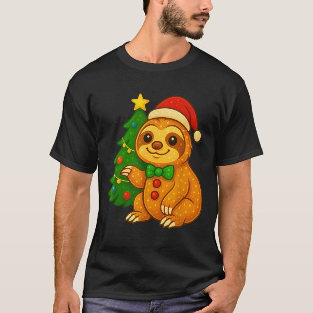 Gingerbread Man Sloth Santa Hat Christmas Tree  T-Shirt (Front)