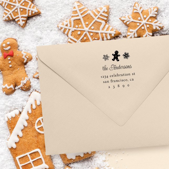 Gingerbread Man & Snowflakes Family Return Address Rubber Stamp (Creator Uploaded)