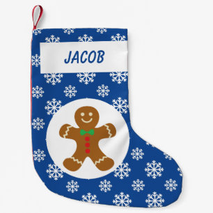 Gingerbread Man Snowflakes Personalized Blue Small Christmas Stocking