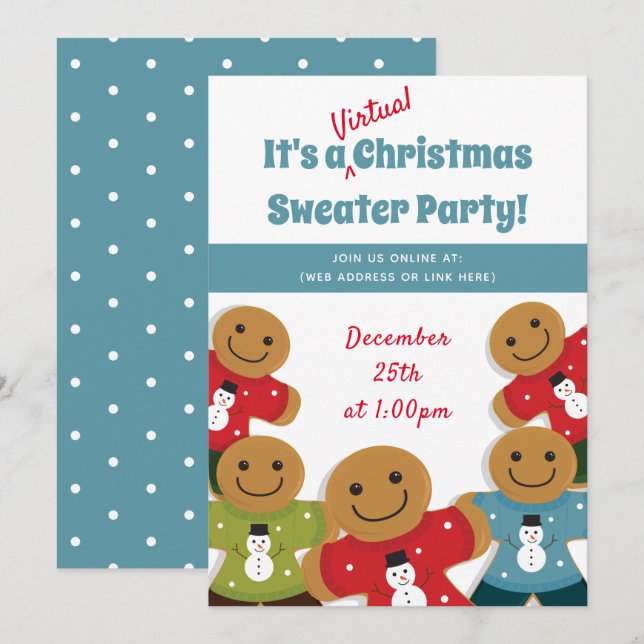Gingerbread Man Sweater Blue Virtual Christmas Invitation (Front/Back)