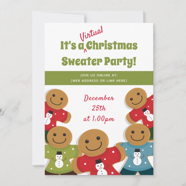Gingerbread Man Sweater Green Virtual Christmas Invitation (Front)