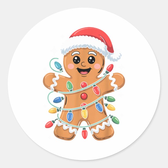 Gingerbread Man Tangled Christmas Lights  Classic Round Sticker (Front)