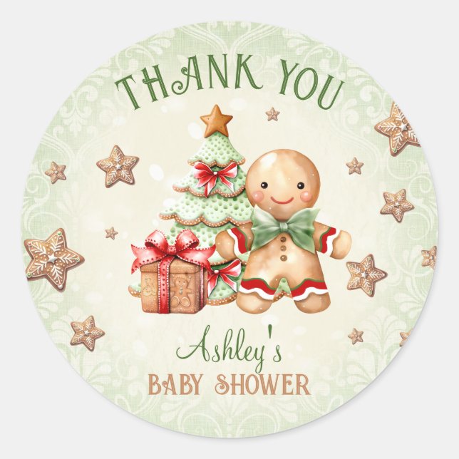 Gingerbread Man Traditional Christmas Baby Shower Classic Round Sticker (Front)