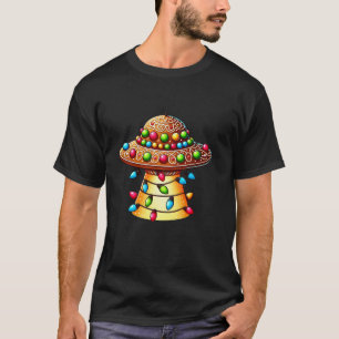 Gingerbread Man UFO Alien Christmas Lights Womens T-Shirt
