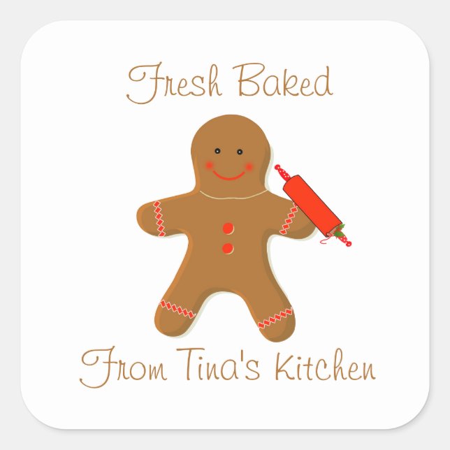 Gingerbread Man with a Rolling Pin Christmas Square Sticker (Front)