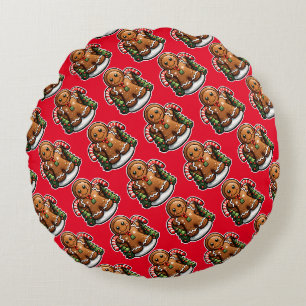 Gingerbread man with candy canes round cushion