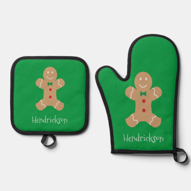 Gingerbread Man with Custom Name    Oven Mitt & Pot Holder Set (Front)