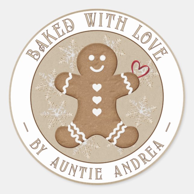 Gingerbread Man with Hearts Snowflakes Holiday  Classic Round Sticker (Front)