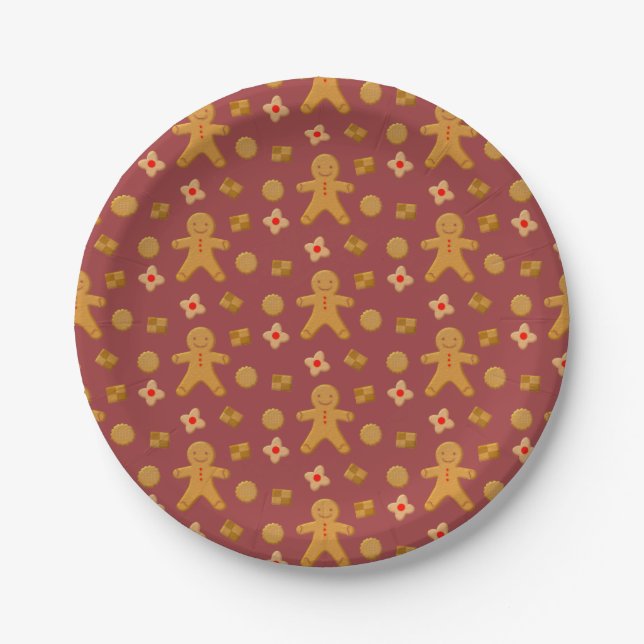 Gingerbread Men and Cookies Burgundy Pattern Paper Plate (Front)