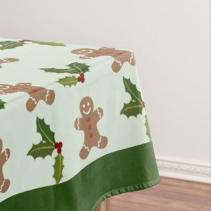 Gingerbread Men and Holly Pattern Green Tablecloth