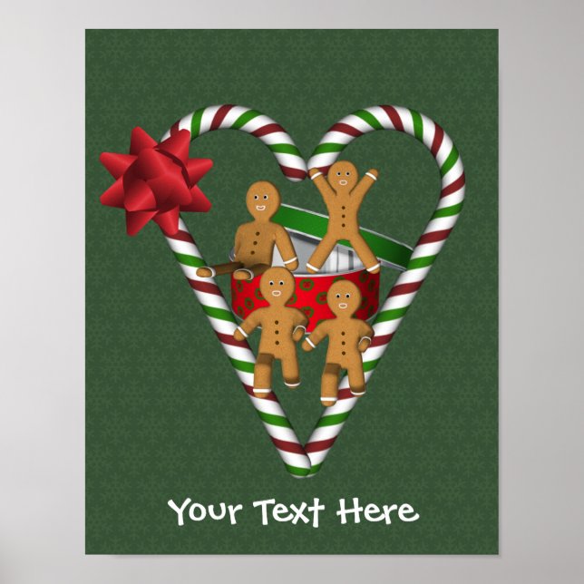 Gingerbread Men Candy Cane Heart Holiday Poster (Front)