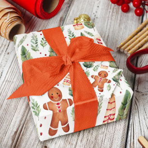 Gingerbread Men & Christmas Greenery Wrapping Paper