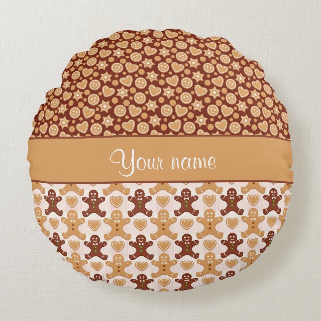 Gingerbread Men Faces and Hearts Round Cushion (Front)