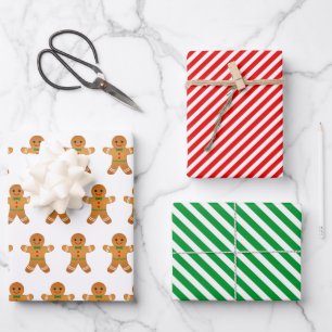 Gingerbread Men & Green and Red Striped Christmas Wrapping Paper Sheet