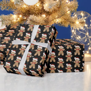Gingerbread Men in Snowflakes with Santa Hat Wrapping Paper