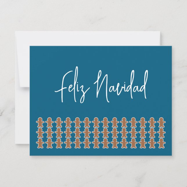 Gingerbread Men on Blue Feliz Navidad Holiday Card (Front)