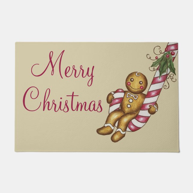 Gingerbread Merry Christmas Welcome Doormat Rug (Front)