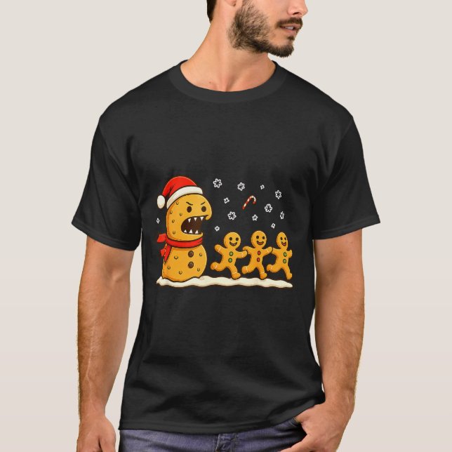 Gingerbread Monster Chase Funny Christmas Cookie X T-Shirt (Front)