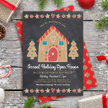 Gingerbread Open House Christmas Holiday Party Invitation<br><div class="desc">A cute, whimsical gingerbread house and trees, stars, hearts and candies, along with playful script typography, overlay a dark charcoal grey chalkboard background and help you usher in the holiday party season. A peppermint candy pattern over a red background adorns the back. Celebrate with family and friends while you feel...</div>