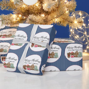 Gingerbread People Merry Christmas Blue Striped Wrapping Paper