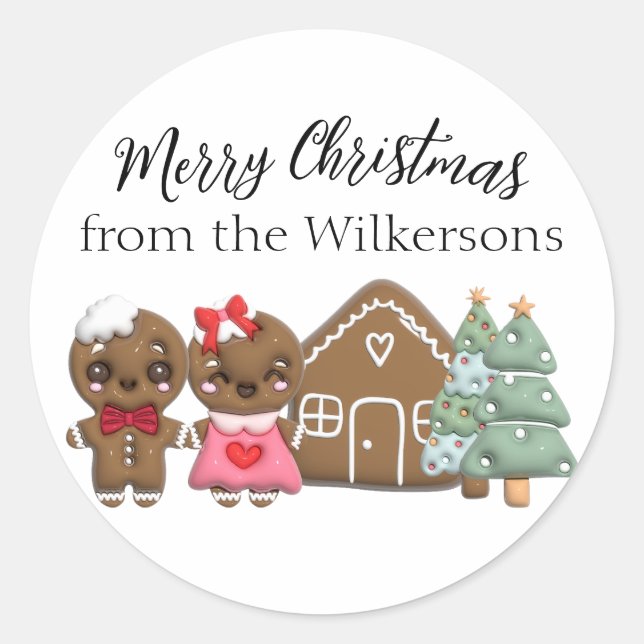 Gingerbread People Merry Christmas Custom Name Classic Round Sticker (Front)