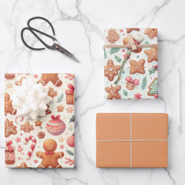 Gingerbread People Stars Trees Candy Canes Cookies Wrapping Paper Sheet (Front)