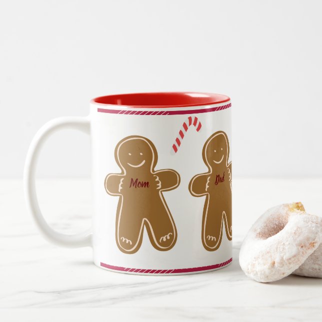 Gingerbread Personalise Name Family Holiday Cute Two-Tone Coffee Mug (With Donut)