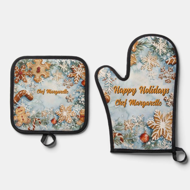 Gingerbread Personalised Holiday Chef Oven Mitt & Pot Holder Set (Front)