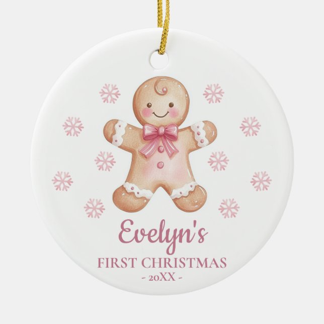 Gingerbread Personalized Girl's First Christmas Ceramic Tree Decoration (Front)