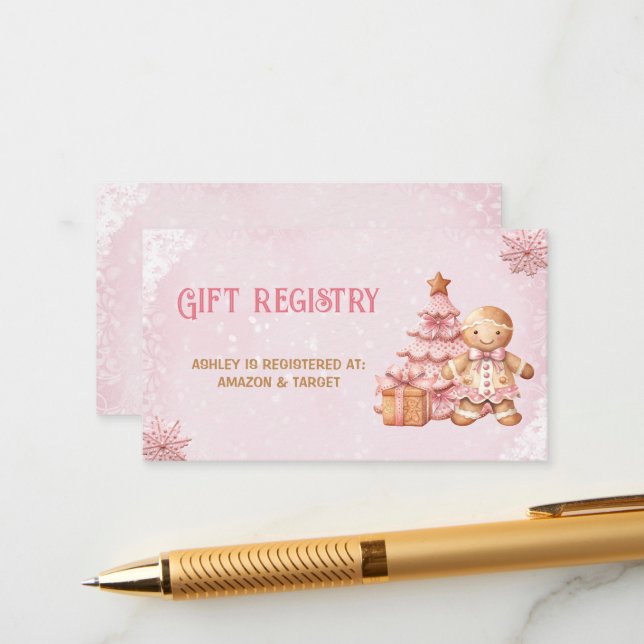Gingerbread Pink Baby Shower Gift Registry Card (Front/Back In Situ)