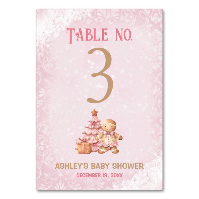 Gingerbread Pink Baby Shower Table Number Sign (Front)