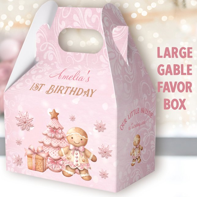 Gingerbread Pink Christmas 1st Birthday Large Favour Box (Gingerbread Birthday Large Gable Favor Boxes -You can choose from 3 sizes of these gable favor boxes)