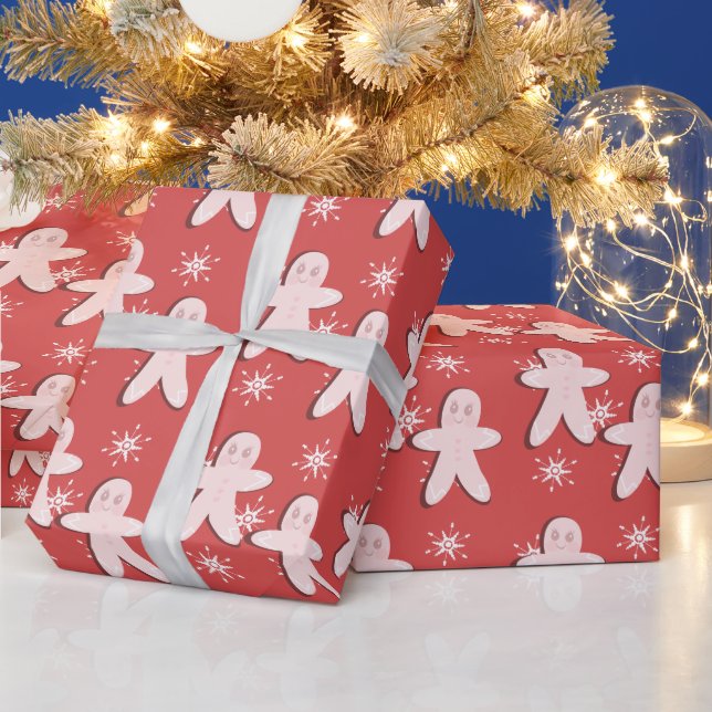 Gingerbread Pink Cookie and Snowflakes Wrapping Paper (Holidays)