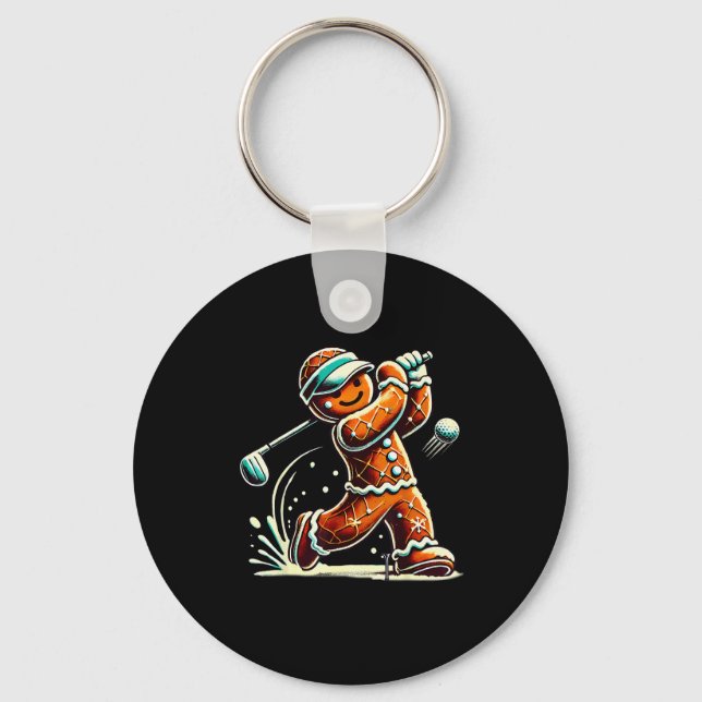 Gingerbread Playing Golf Ball Christmas Golf Lover Key Ring (Front)