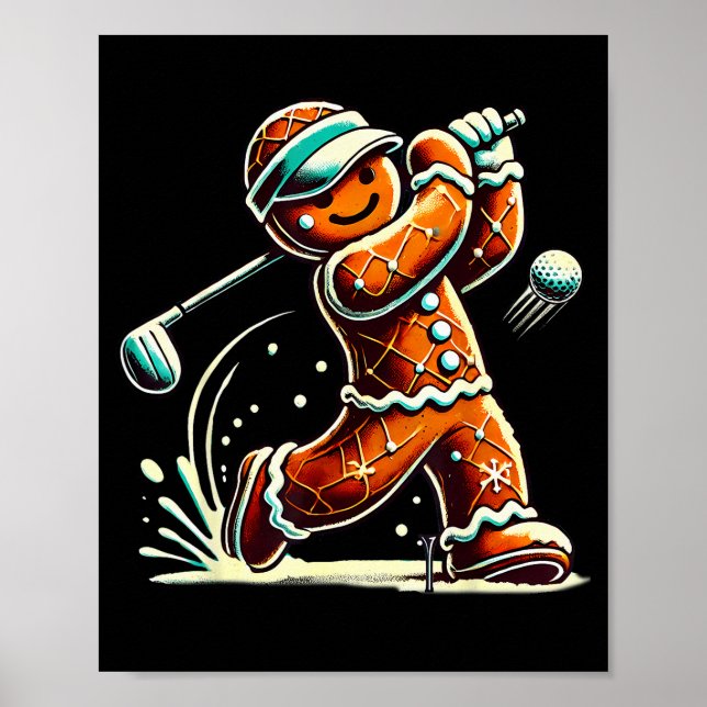 Gingerbread Playing Golf Ball Christmas Golf Lover Poster (Front)
