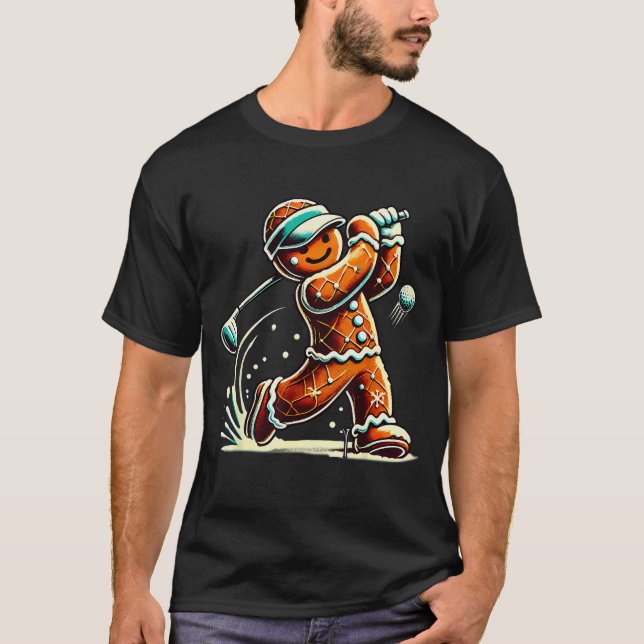 Gingerbread Playing Golf Ball Christmas Golf Lover T-Shirt (Front)