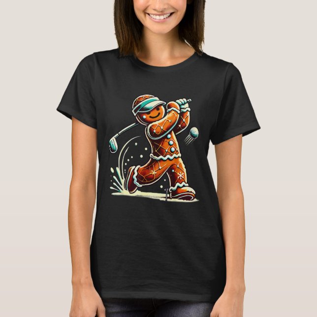 Gingerbread Playing Golf Ball Christmas Golf Lover T-Shirt (Front)