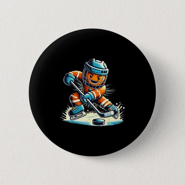 Gingerbread Playing Ice Hockey Lovers Boys Girls C 6 Cm Round Badge (Front)