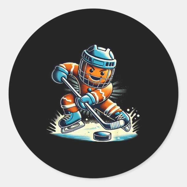 Gingerbread Playing Ice Hockey Lovers Boys Girls C Classic Round Sticker (Front)