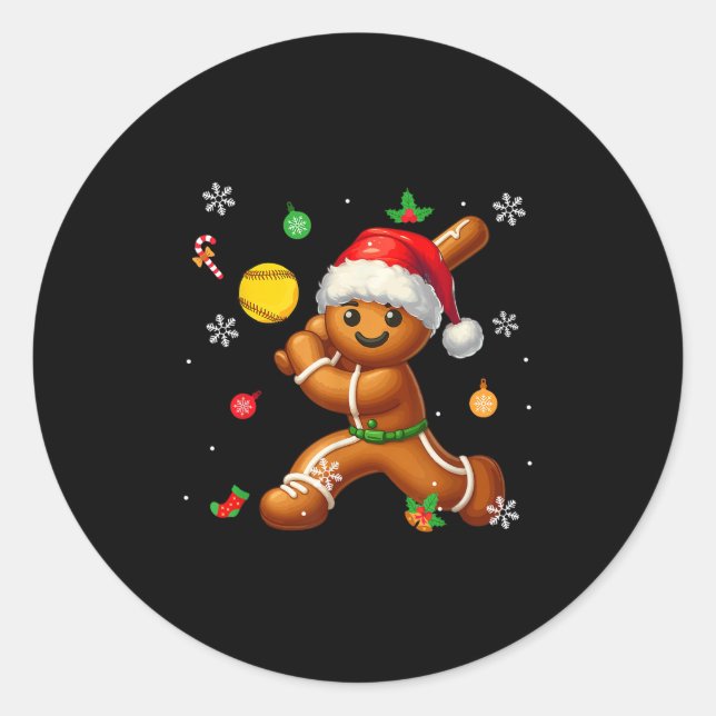 Gingerbread Playing Softball Christmas Player Kids Classic Round Sticker (Front)