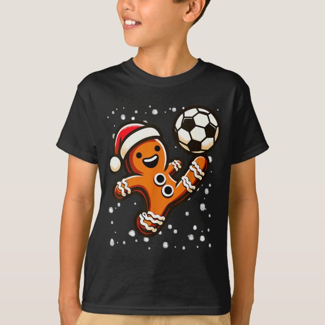 Gingerbread Plays Soccer Bicycle Kick, Cookie Chri T-Shirt (Front)