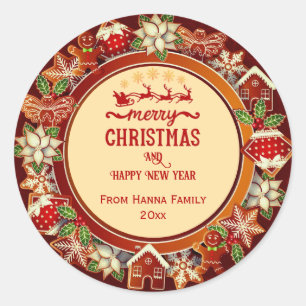 Gingerbread & Poinsettia Holiday Custom Family Classic Round Sticker